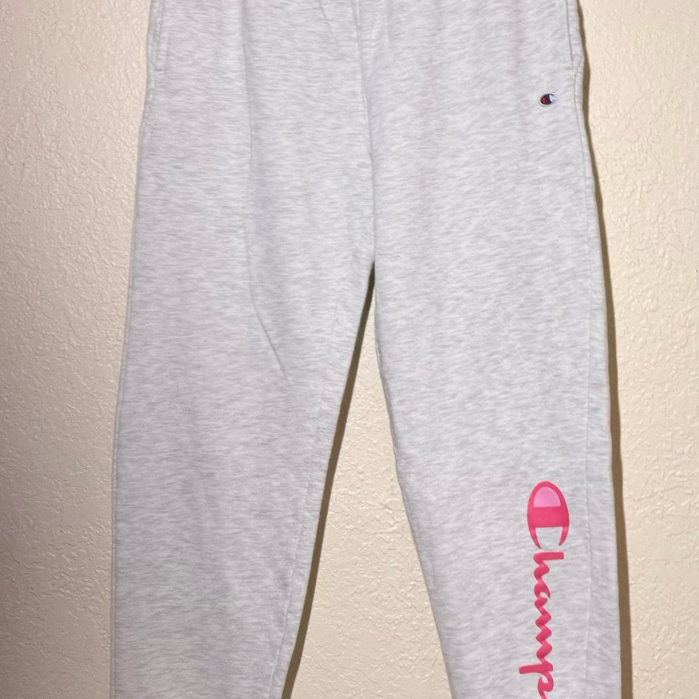 Champion Light Gray Sweatpants with Pink Logo Script